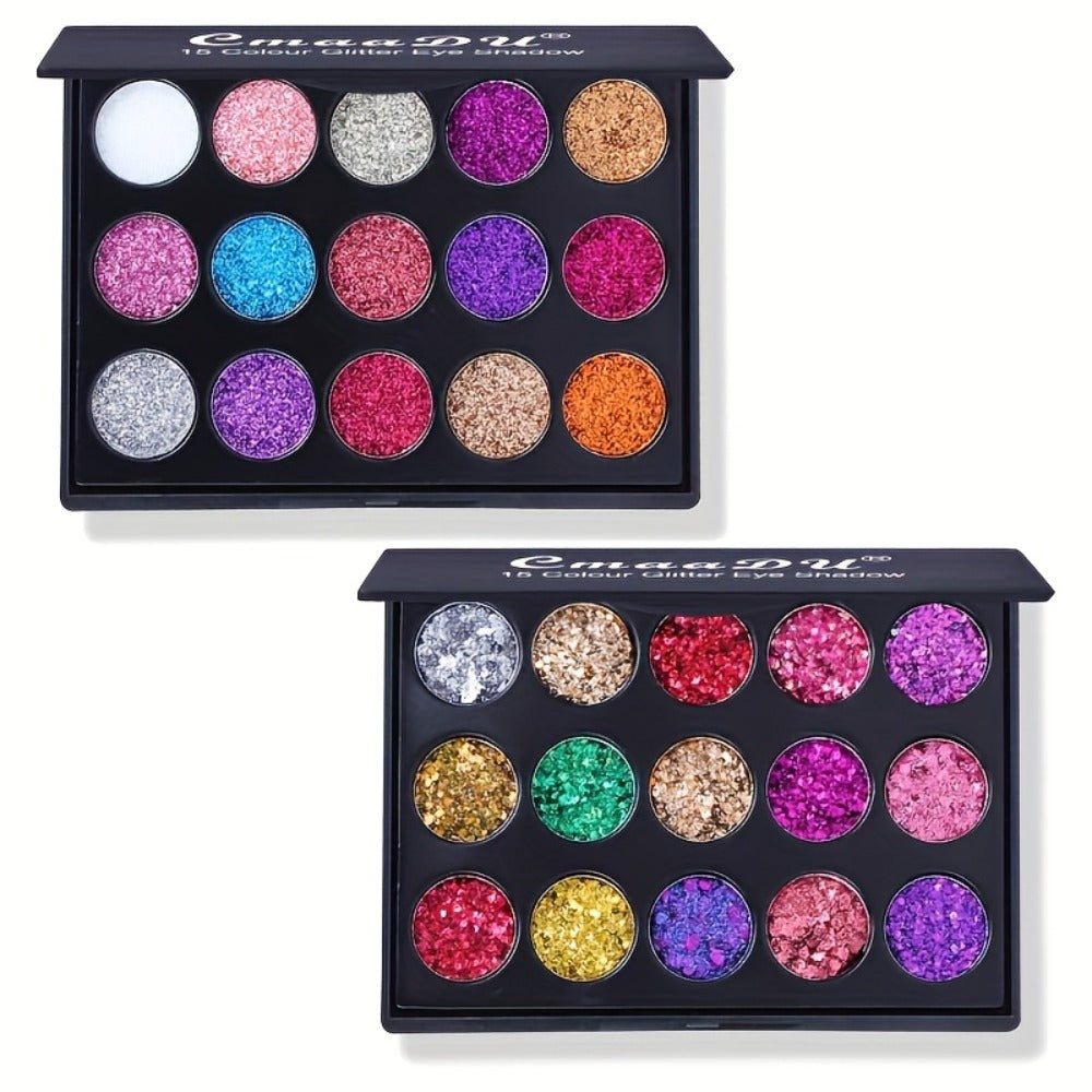 Glitter Eyeshadow Palette 2-Pack 15 Colors — Shimmer Metallic Sequin Eye Shadow Set, Squalane-Infused, Stage & Festival Makeup, Flashes Glitter & Metal Finish, Perfect Mother's Day & Christmas Gift