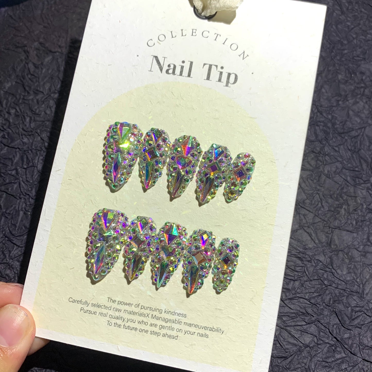 Fake Nails Almond Shape 10pcs Medium Length Glitter Strobe Color Block AB Crystal Rhinestone Press On Nails Kit with Nail File Cuticle Stick Sticker Pad for Party Wedding Date Everyday Wear S M L