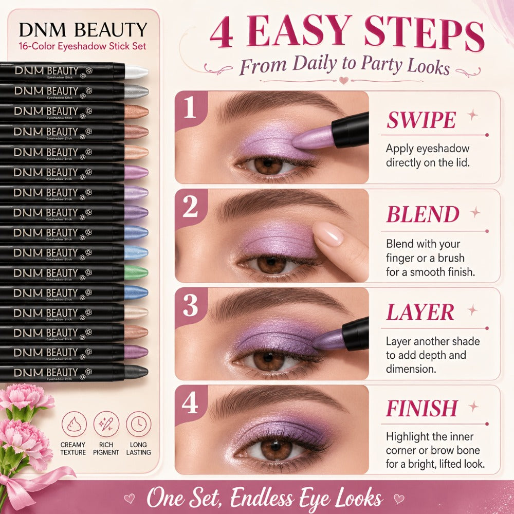 Eyeshadow Stick Set 16 Colors Highly Pigmented Waterproof Matte & Shimmer Eye Makeup Pencil Kit - Blendable Crease-Proof Long-Lasting Eye Crayon for Women Beginners Daily & Glam Looks