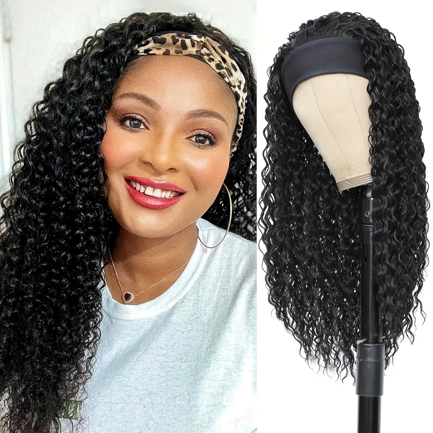 Headband Wig Curly Wavy Black Synthetic Glueless No Lace Elastic Cap Heat Resistant Fiber Beginner Friendly for Women Daily Wear Party Cosplay 12 16 22 Inch
