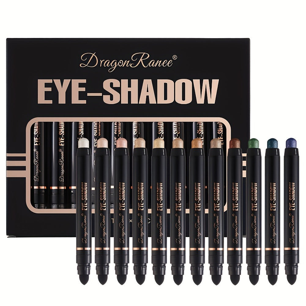 Eyeshadow Stick Set 12 Pcs — Double-Ended Shimmer Eye Shadow Pencil with Brush, Waterproof Long-Lasting Glitter Eye Makeup Kit, Squalane-Infused, Perfect Mother's Day & Stage Makeup Gift