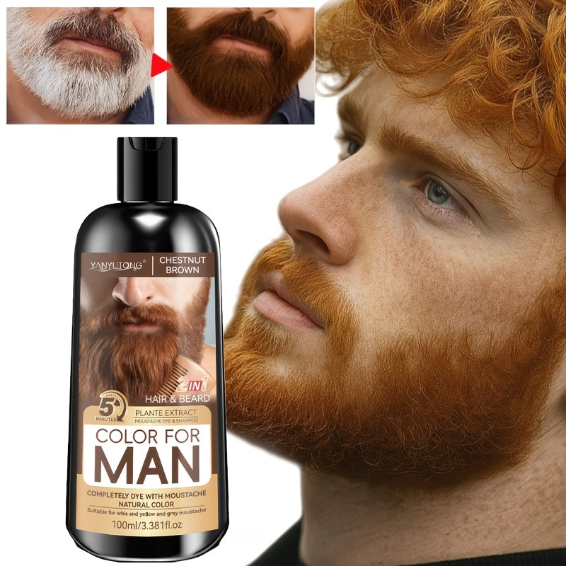 Men's Beard & Hair Dye Shampoo — 2-in-1 Semi-Permanent Color, Natural Ingredients, Covers Gray Fast, Sulfate-Free, Black Brown Chestnut Brown, for Beard & Sideburns