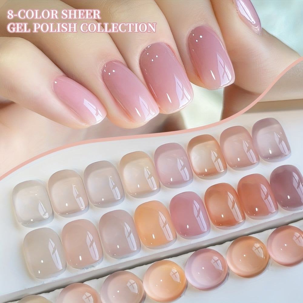 Jelly Gel Nail Polish Set 8 Colors — Summer Ice Transparent Sheer Shades, Glossy Hydrating Formula, LED Lamp Compatible Nail Art Manicure Kit