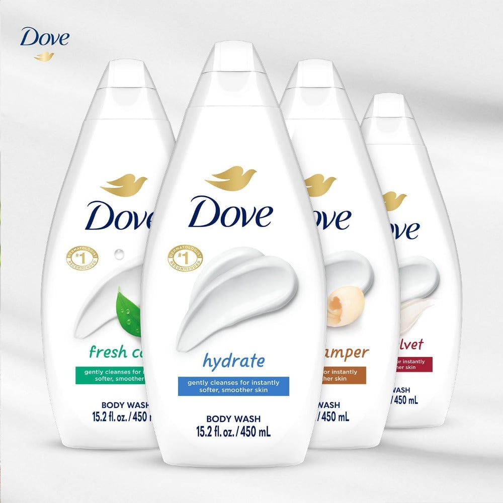 Dove Body Wash Variety Pack 3 Count Hydrating Moisturizing Body Wash Set with Hydrate Fresh Care and Gentle Pamper Formulas 15.22 oz Each Nourishing Shower Gel