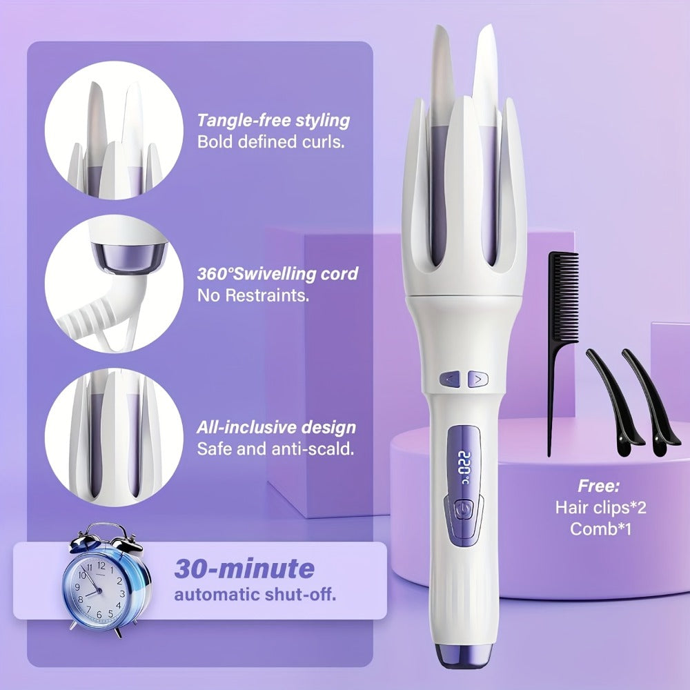 Automatic Hair Curler Rotating Barrel Electric Auto Curling Iron with US Plug Ceramic Tourmaline Hair Waver for Women Mom Birthday Gift Purple