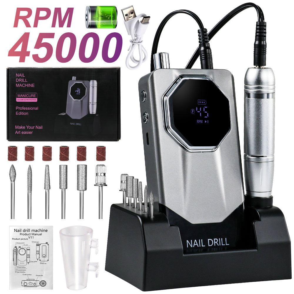Professional Electric Nail File Kit 45000 RPM LCD Display USB Rechargeable Portable Nail Drill for Acrylic Gel Polishing Removing Manicure Salon Home Gradient Grey White