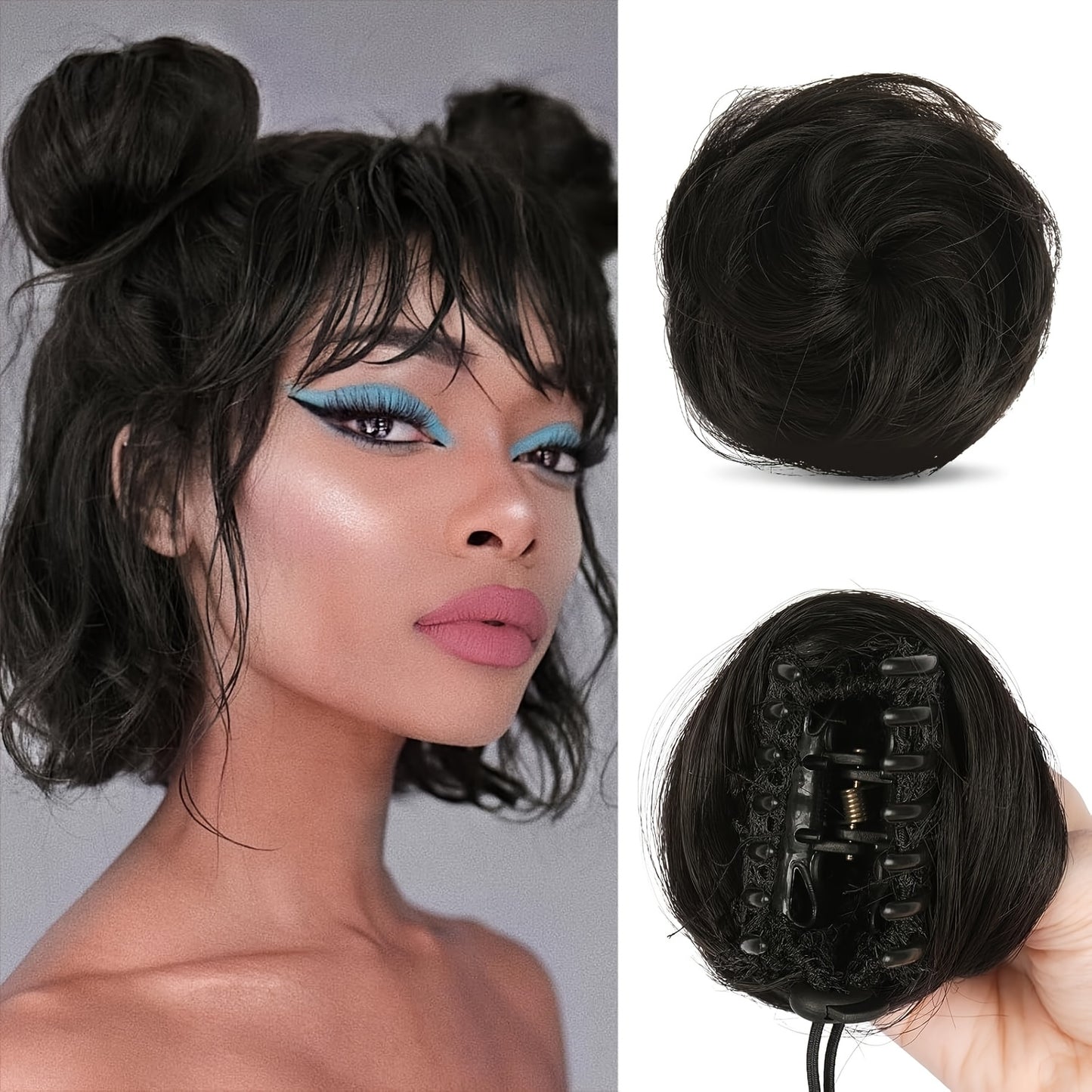 Clip In Hair Bun Extensions Mini Donut Bun with Cat Ears Messy Bun Claw Clip Hairpiece Synthetic Fiber Instant Updo Women Girls Multiple Colors 2 Pcs Set