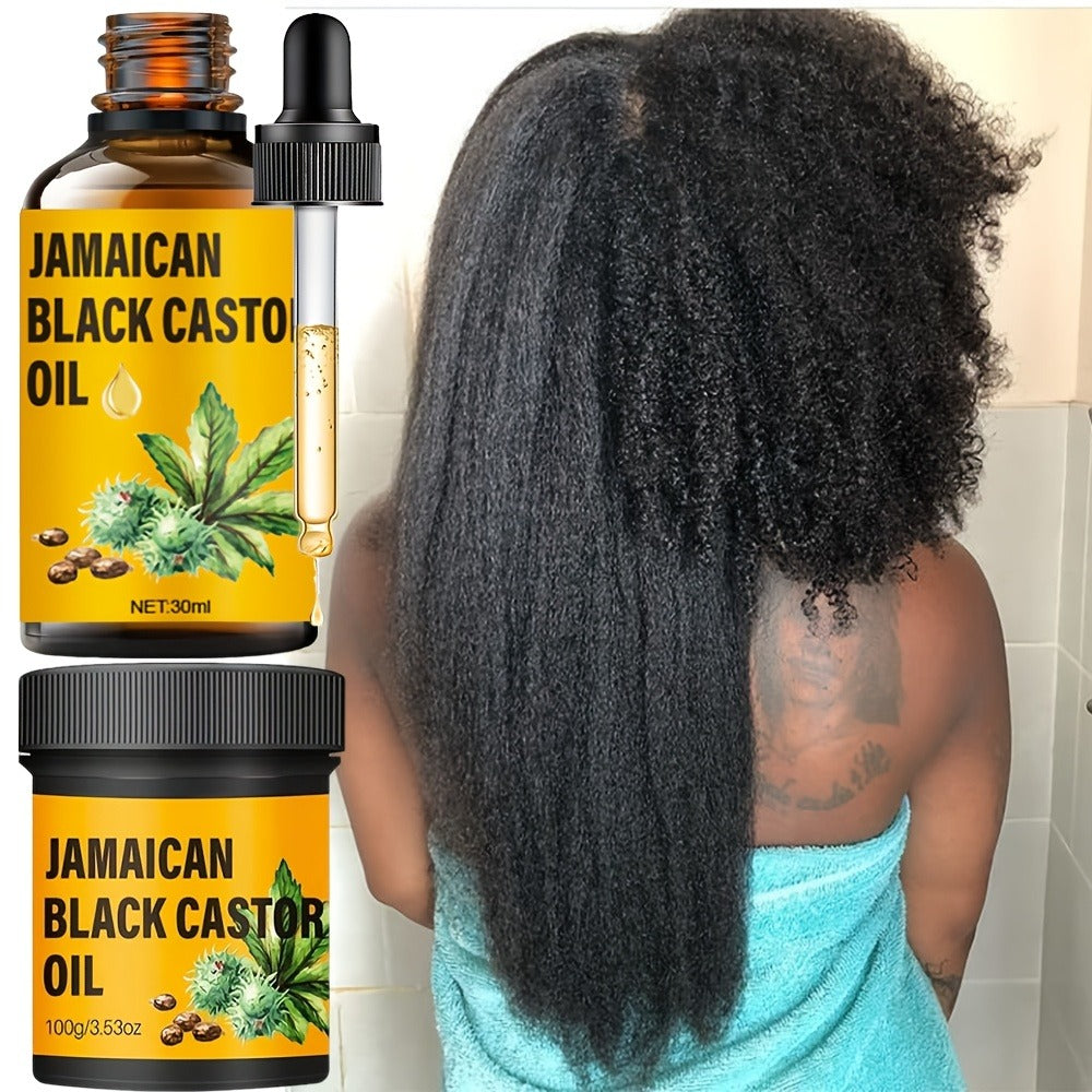 Jamaican Black Castor Oil Hair Care Set 2PCS - Pure Cold-Pressed Castor Oil & Hair Cream, Scalp Moisturizer, Strengthens & Nourishes All Hair Types for Healthier Growth