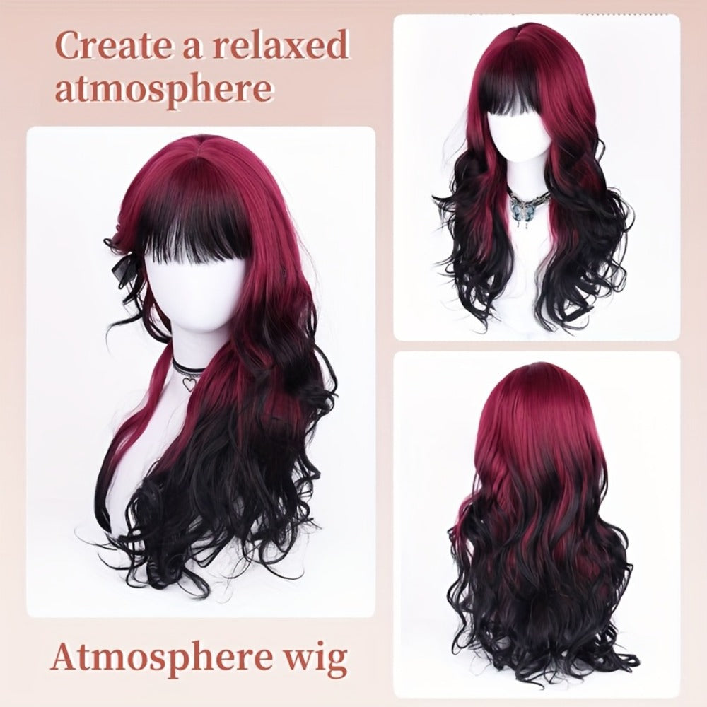 Long Curly Wavy Wig 28 Inch Synthetic Black Red Highlights for Women Rose Net Cap Cosplay Party Daily Wear Glamorous Voluminous Hair