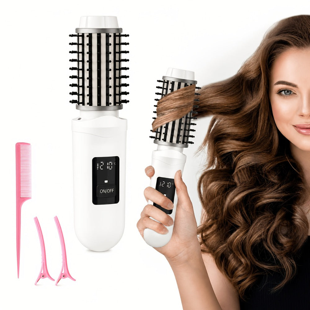 Cordless Hair Curler And Straightener Brush, Wireless Hair Curler, Wireless Curling Brush for Women, Rechargeable 2-In-1 Styling Tool with LED Display