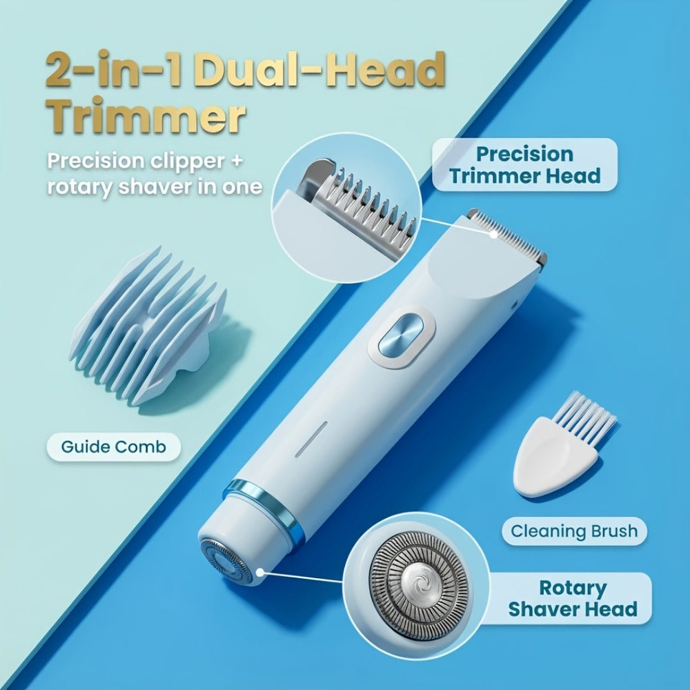 2in 1 Pink Dual Head Bikini Trimmer Women Electric Shaver, IPX7 Waterproof Wet & Dry Use Body Hair Trimmer and Facial Hair Remover for Bikini Underarm Leg Arm Body Face