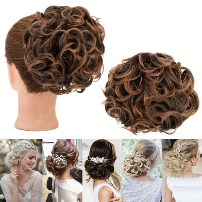 Clip In Hair Bun Extension Messy Bun Chignon Hairpiece Synthetic Curly Updo with Comb Scrunchie for Women Wedding Party Office Daily Wear Rose Bud Style