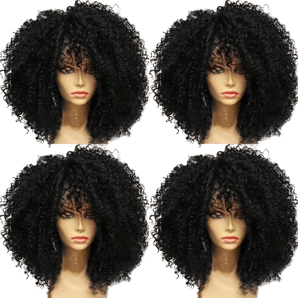 Elegant Afro Kinky Curly Wig with Bangs for Women - 14" Short, Heat Resistant Synthetic Hair for Daily Wear & Cosplay,, Halloween Party, Christmas
