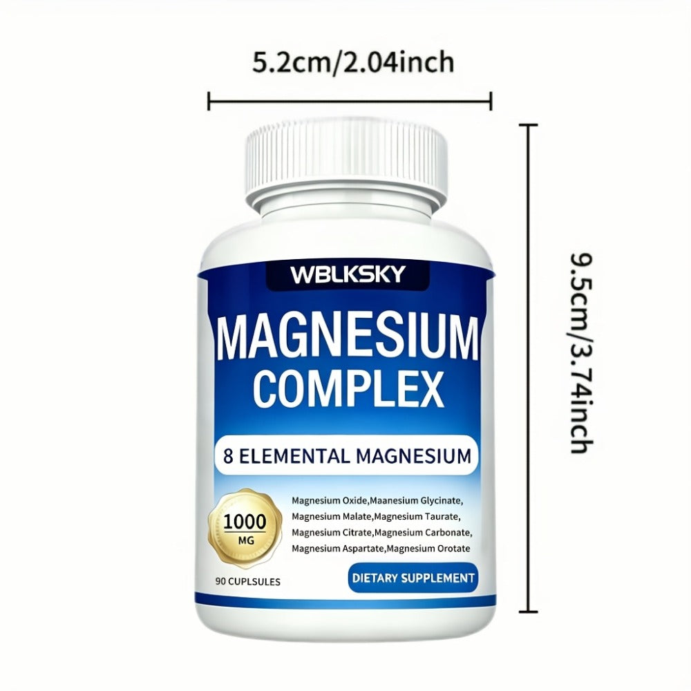 Magnesium Complex Supplement Capsules, Magnesium Glycinate, Compound Magnesium, 1000mg Per Capsule - 8 Forms Of Elemental Magnesium(Glycinate, Citrate, Malate, Orotate, Taurate, Aspartate, Oxide, Carbonate), Helps Improve Mood And Sleep(2 Bottles)