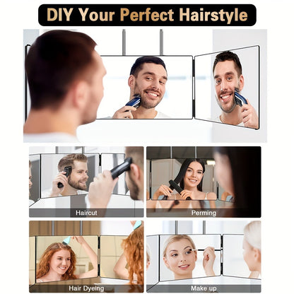 Self Haircut Mirror 3-Way with LED Light & Accessories - 360° Viewing Angle, Anti-Fog HD Glass, Height Adjustable, Door Wall Table Mount, DIY Barber Mirror for Hair Cutting Shaving Styling