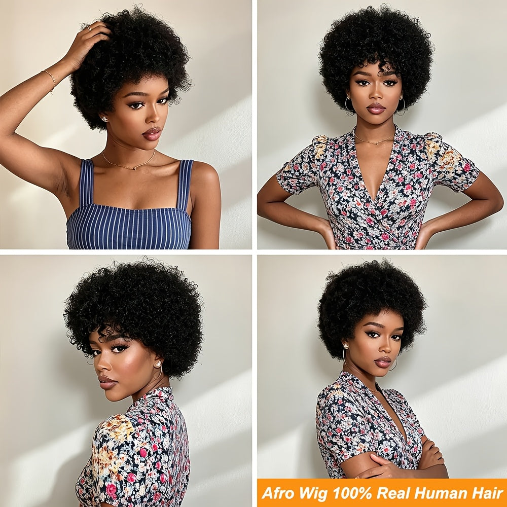 [Cosplay Festivals Parties] Afro Curly Human Hair Wigs, Short Kinky Curly Glueless Wigs Real Human Hair, High-Curl Afro Design, Easy to Wear And Easy to Manage, Perfect for Daily Use, Cosplay, Festivals, 70s 80s Cosplay Fan Hair And Enhancing The Atmosphe