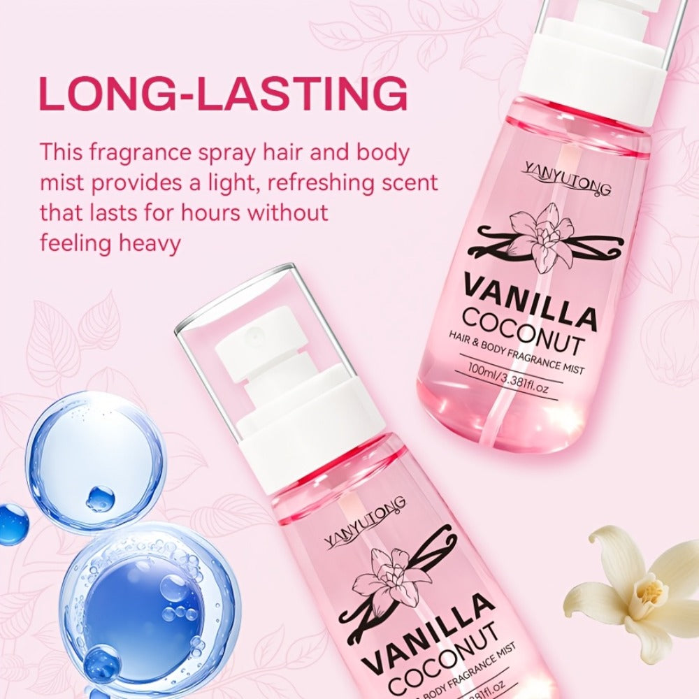 Coconut Vanilla Fragrance Mist Hair & Body Spray Alcohol-Free Vitamin E Argan Oil Glycerin Moisturizing Long-Lasting Floral Scent for Women 100ml Gift