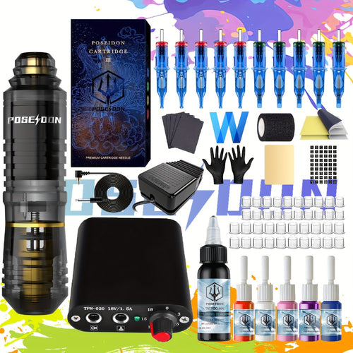 Rotary Tattoo Kit Complete - POSEIDON Tattoo Pen Machine with Power Supply 10 Cartridge Needles 6 Color Inks Foot Pedal Grip Cover Ink Caps Full Tattoo Supplies for Artists & Beginners