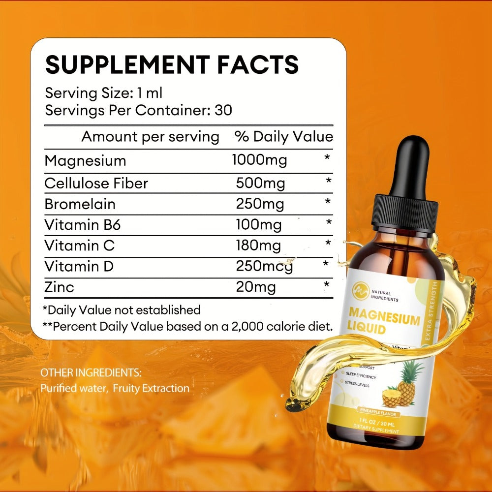 [Magnesium Glycinate Drops] Liquid Magnesium 1000mg, Sugar Free Magnesium Glycinate Liquid Drops with Cellulose Fiber, Bromelain, Vitamin B6, C, D, Zinc for Night, Digestive Health, Pineapple Flavor, 60 Servings, 2 Pack