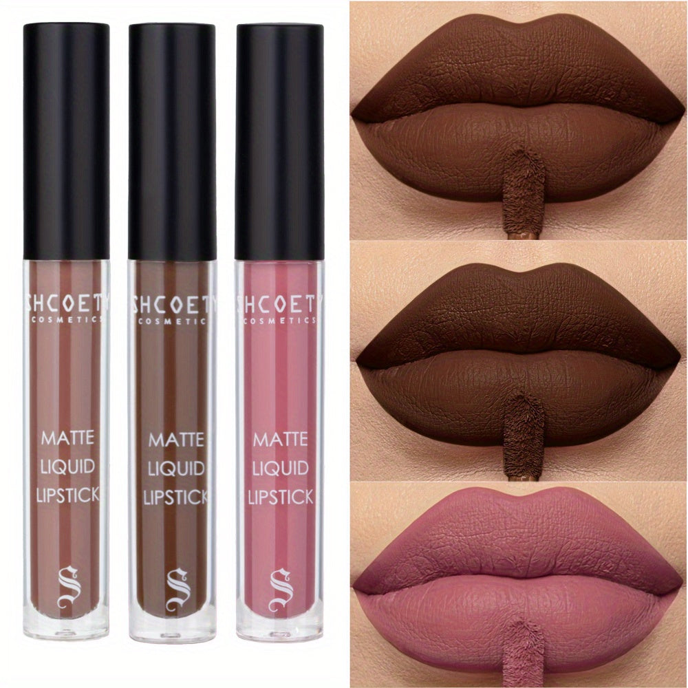 3 Colors Set Matte Lip Glaze, - Long Lasting Waterproof Lip Gloss, Non-Stick Velvet Lip Mud, Rich Brown Color, High, Smooth Non-Greasy Finish, Cute Bear Packaging, Ideal for Festival, Party, Daily Makeup, Lip Gloss&Lip Stick