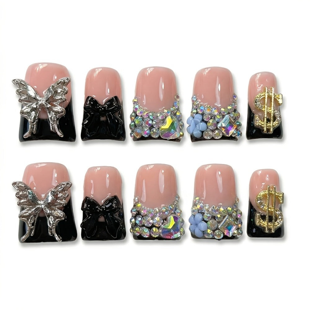 10pcs Handcrafted Press-On Nails Set, Black And Nude Duckbill Shape, Medium Length, Glossy End with Colorblock, Glitter, AB Rhinestones And Liquid Metal Butterfly Accents, Perfect for Parties, Daily Wear And Birthday Gifts