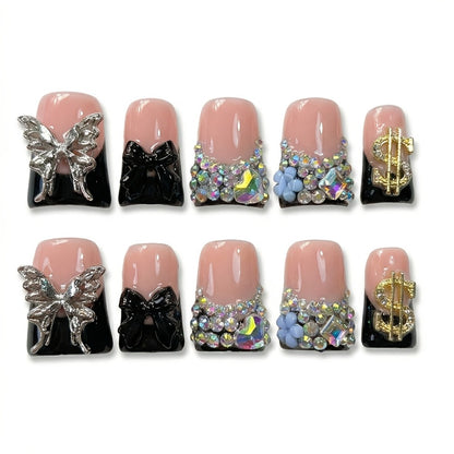 Handcrafted Press On Nails Duckbill Medium – Black & Nude Colorblock, Glitter, AB Rhinestone & Liquid Metal Butterfly | 10pcs Glossy Nail Set for Parties, Daily Wear & Gifts, S/M/L