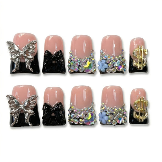 10pcs Handcrafted Press-On Nails Set, Black And Nude Duckbill Shape, Medium Length, Glossy End with Colorblock, Glitter, AB Rhinestones And Liquid Metal Butterfly Accents, Perfect for Parties, Daily Wear And Birthday Gifts