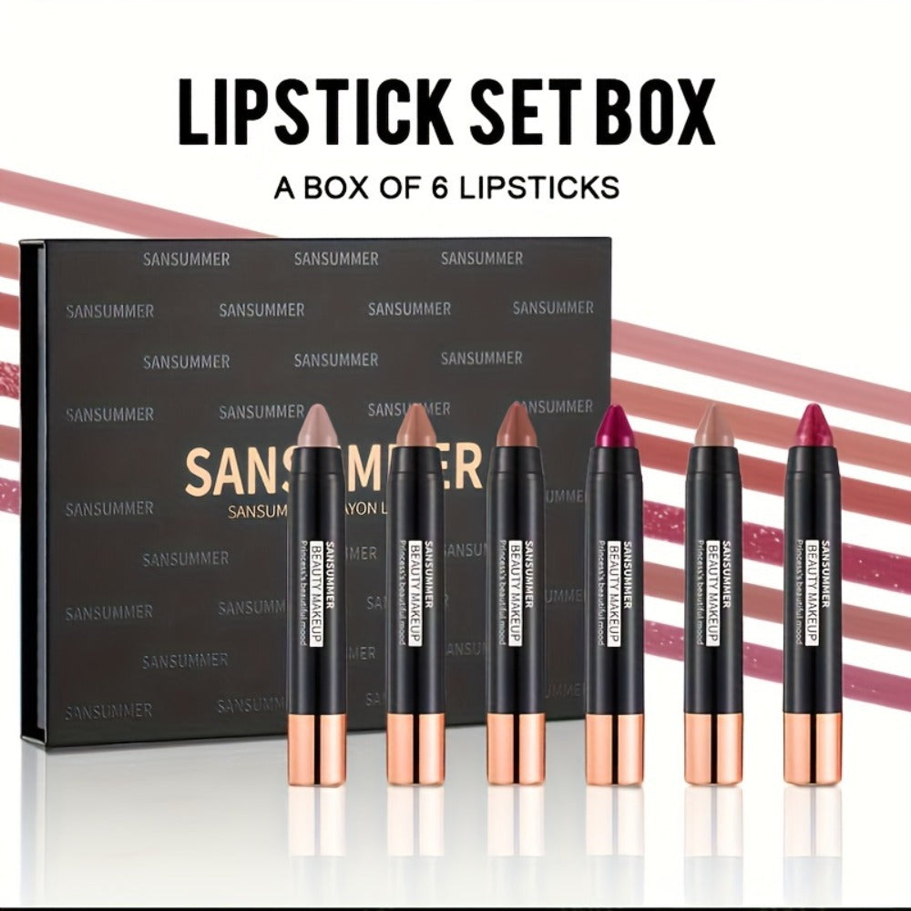Crayon Lipstick Gift Box Set 6 Shades Matte Velvet Waterproof Long Lasting Easy Apply Popular Colors Luxury Lip Makeup Gift for Women Travel