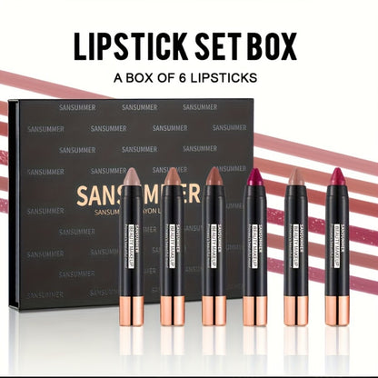 Crayon Lipstick Gift Box Set 6 Shades Matte Velvet Waterproof Long Lasting Easy Apply Popular Colors Luxury Lip Makeup Gift for Women Travel