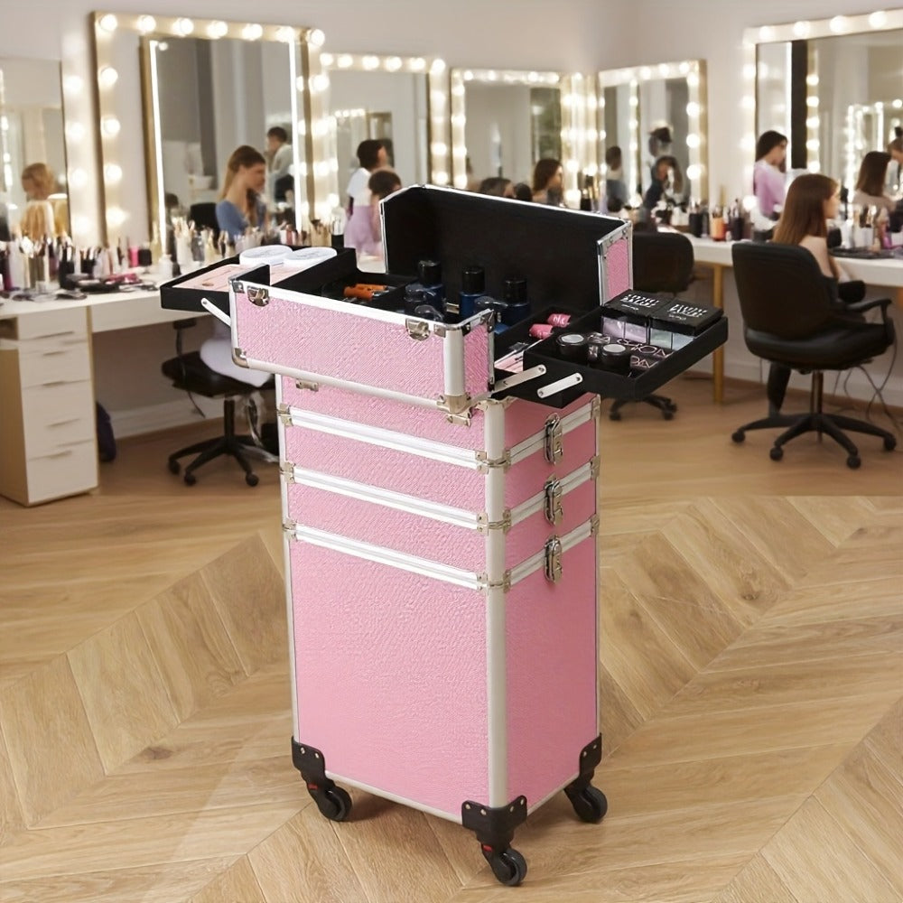 [With Wheels] 4in 1 Aluminum Cosmetic Professional Makeup Case Tattoo Box, Extra Large Cosmetic Case Rolling Makeup Case Trolley Makeup Travel Organizer with 360° Swivel Wheels Pink Black