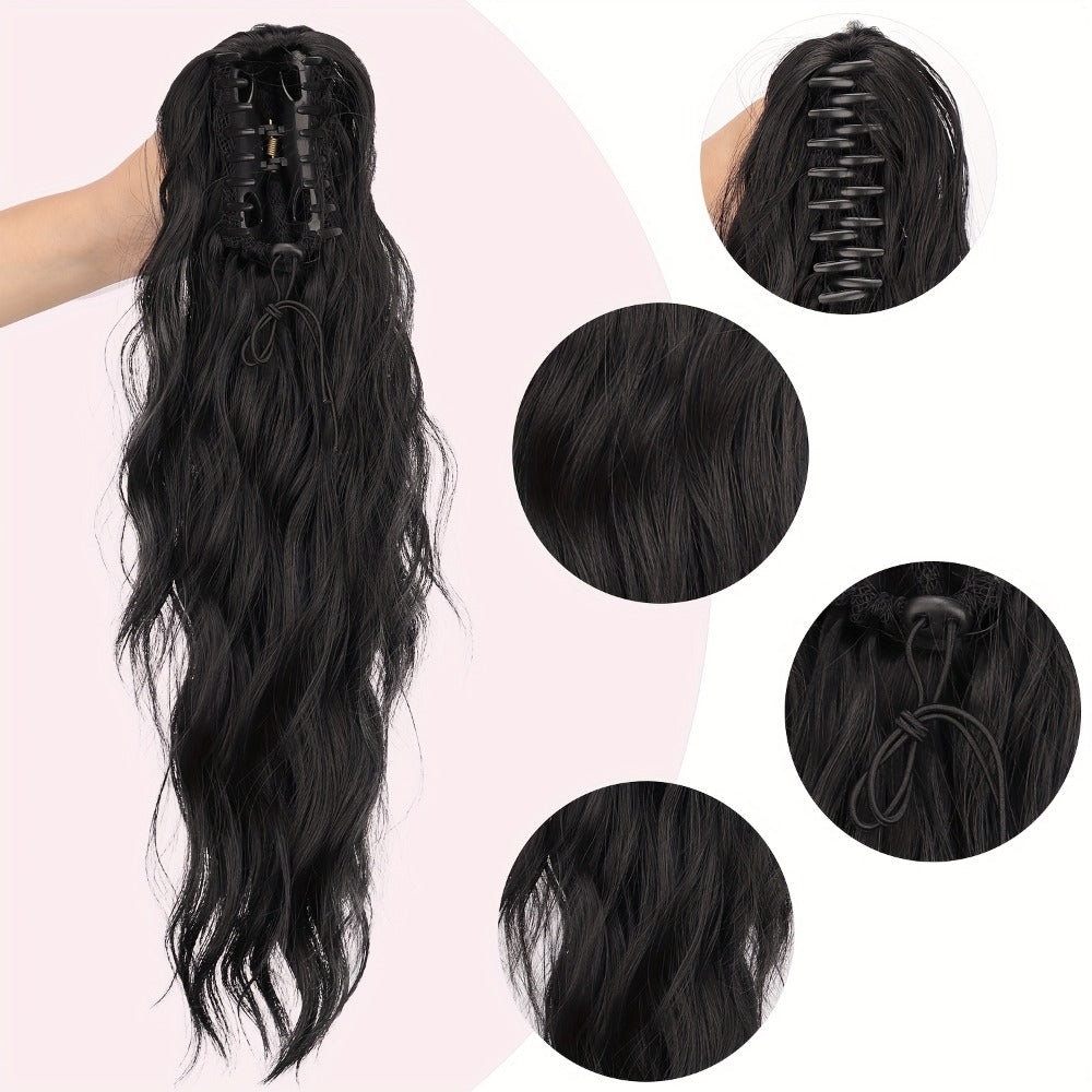 Curly Water Wave Ponytail Extension 16 Inch - Heat Resistant Synthetic Clip In Hairpiece Voluminous Claw Clip Ponytail for Women Daily Wear Festive Occasions Black Burgundy Brown Golden