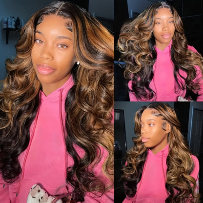Human Hair Lace Front Wig 200% Density Brown Highlights — Pre-Plucked Glueless Long Wavy Black Brown Highlighted Wig, Heat Friendly 12"-32" Everyday Wear