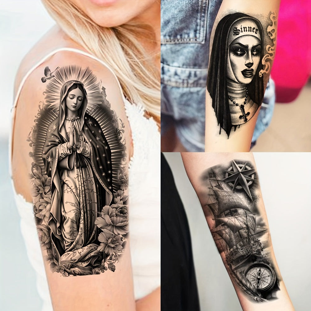 Temporary Tattoos Religious Christian 68 Sheets | God Jesus Christ Faith Prayer Peace Tribal Lion Eye Quotes | Bulk Fake Tattoo Stickers for Men Women Adults | Half Arm Sleeve Body Art Set