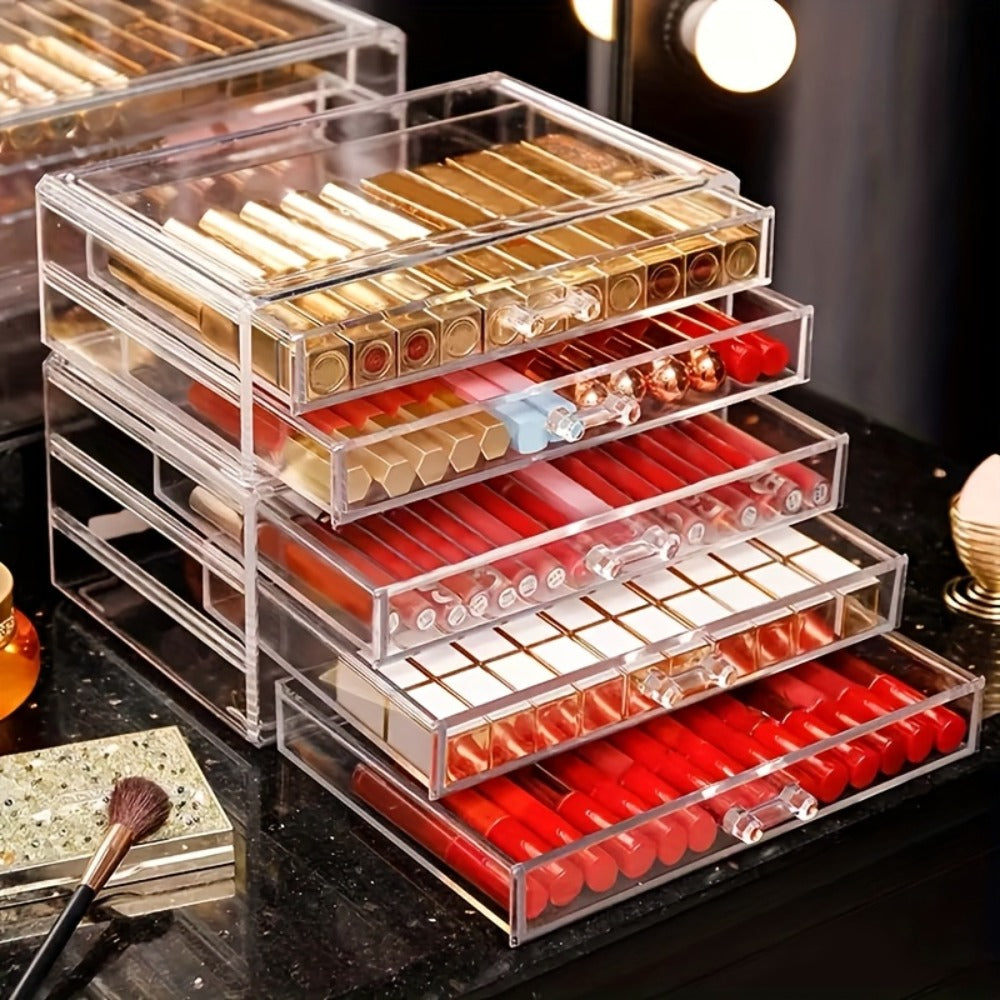 Elegant 3/5-Tier Clear Acrylic Cosmetic Organizer with Drawers - Dustproof Storage for Lipstick, Foundation, Brushes & Beauty Essentials - Perfect for Vanity, Bathroom & Office, Beauty Storage