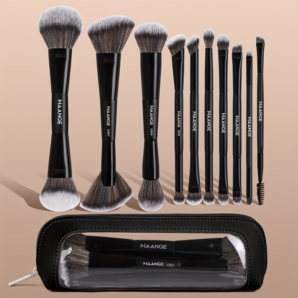 10pcs MAANGE Professional Double-Headed Blush And Eyeshadow Makeup Brush with Cosmetic Bag - Dual-Ended Facial Brush Suitable for Beginners And Pros, Soft Nylon Bristles, Non-Sticky Face, Precise Application for Powder/Products