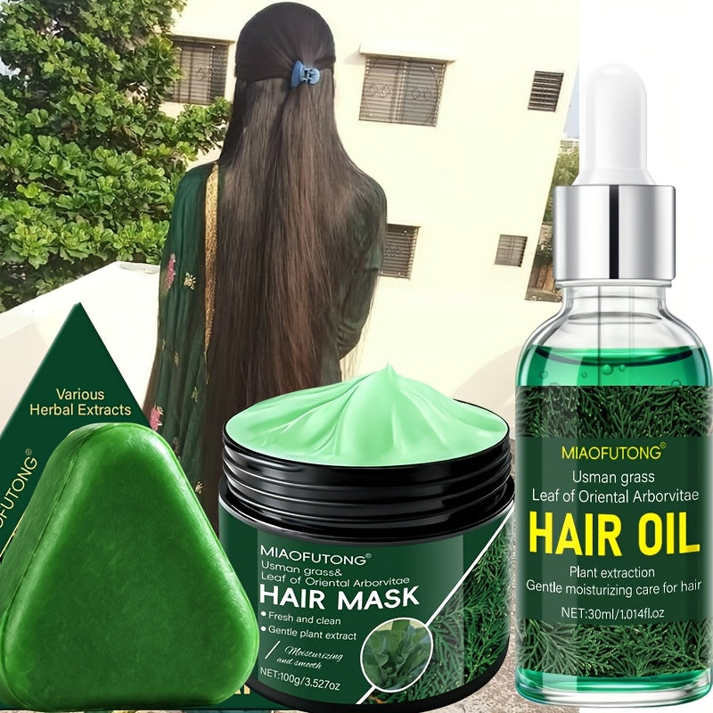 Three Piece Hair Care Combination Set-Usman Herbal Shampoo Bar + Usman Herbal Essence + Usman Herbal Hair Mask Care Set, Deeply Cleanses, Cleans Hair And Scalp, Suitable For Oily Hair Shampoo, Usman Herbal, Can Nourish Hair And Protect Hair Quality