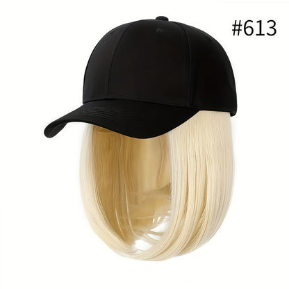 Hat Wig for Women Baseball Cap with Attached Hair Short Bob 12 Inch 2-in-1 Glueless Synthetic Straight Adjustable Breathable Cap Heat Resistant Natural Look Easy Wear