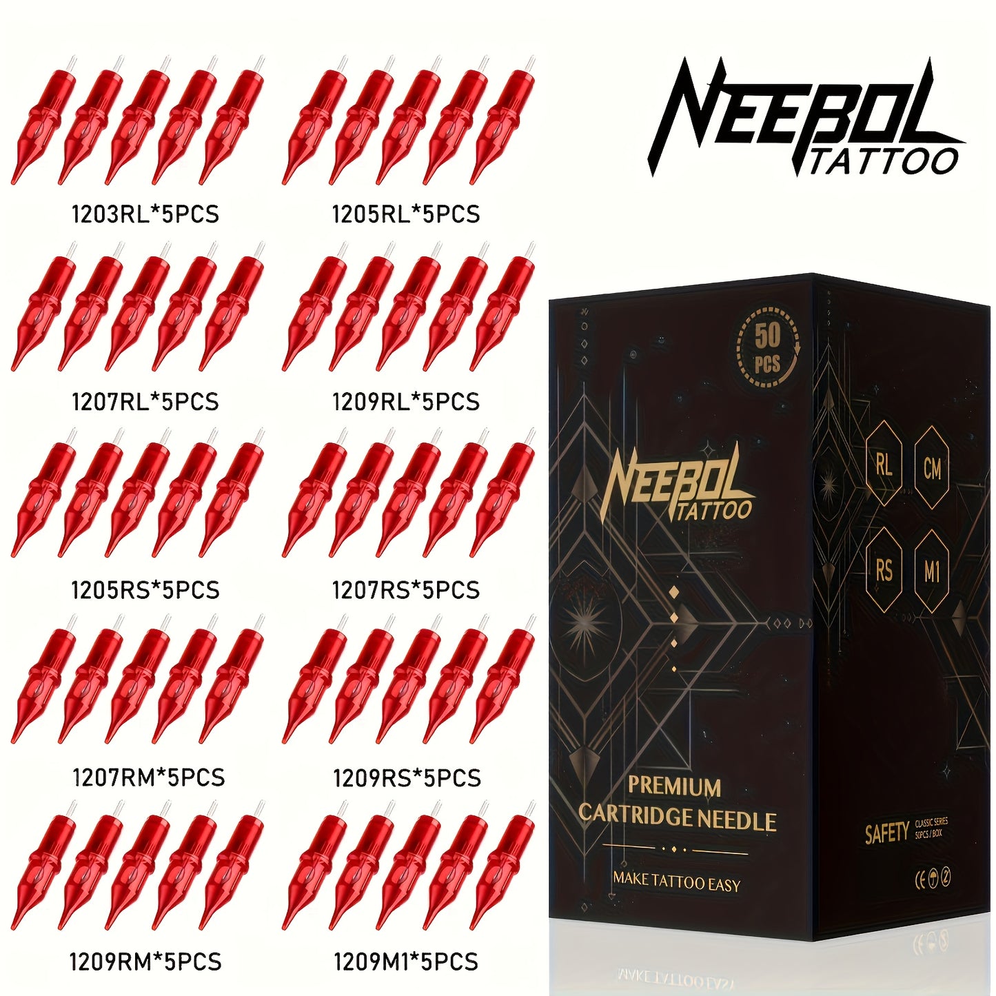Tattoo Cartridge Needles Mixed Size - Assorted Round Liner, Shader & Curved Mag, #10 #12 Bugpin Standard, 3RL 5RL 7RL 9RL 11RL 5RS 7RS 9RS 7RM 9RM 9M1, 20/50pcs Tattoo Needle Set for Machine & Gun