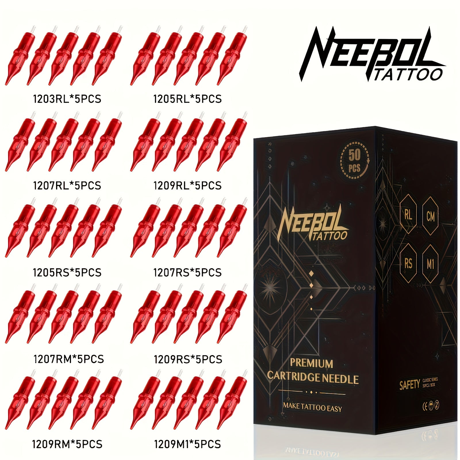 20/50pcs Neebol Tattoo Cartridge Needles Mixed Size Assorted Round Liner Shader Curved/Round Mag #10 #12 Bugpin Standard 3RL 5RL 7RL 9RL 11RL 5RS 7RS 9RS 7RM 9RM 9M1 for Tattoo Supplies And Equipment, Tattoo Gun Machine Kit Body Art Gift