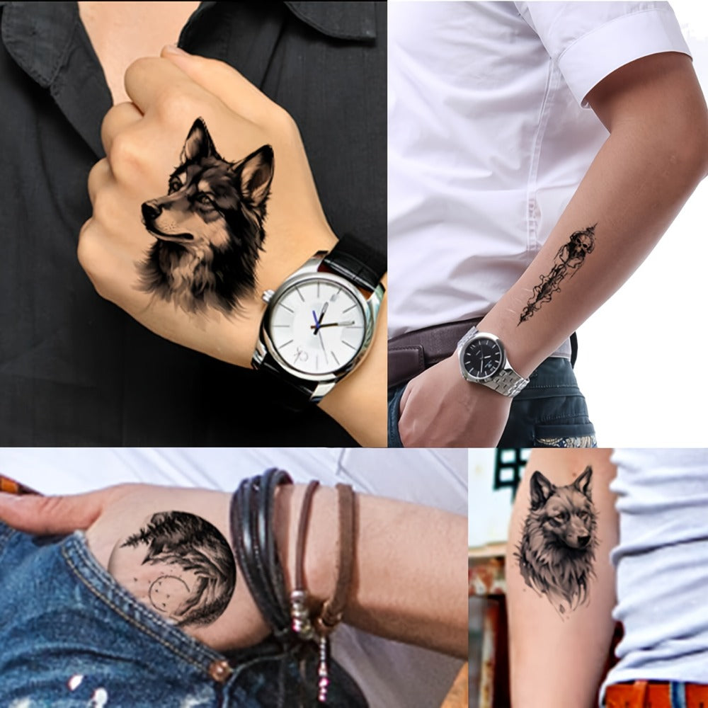 GLARYYEARS Temporary Tattoo for Men Adults, 44pcs Large+Small size Realistic Tattoos, Long-lasting Fake Tattoo Stickers, Cool Black Body Half Arm Tattoos, Mountain Lion Wolf Tiger Tattoo Design