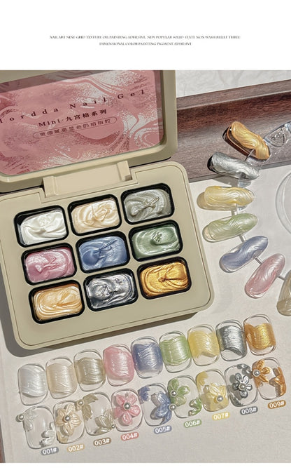 Pearlescent Nail Gel 9-Grid Shell Shimmer Cream Oil Painting Gel Polish - Mother of Pearl Spiral Design Multicolor Glitter Gel for Salon DIY Nail Art