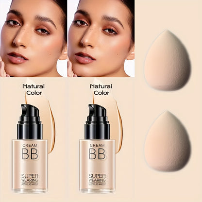 BB Cream Liquid Foundation Set 2Pcs with Makeup Sponge - Flawless Long-Lasting Medium Coverage Moisturizing Skin-Isolating Concealer for All Skin Types Women Natural & Light Beige Shades