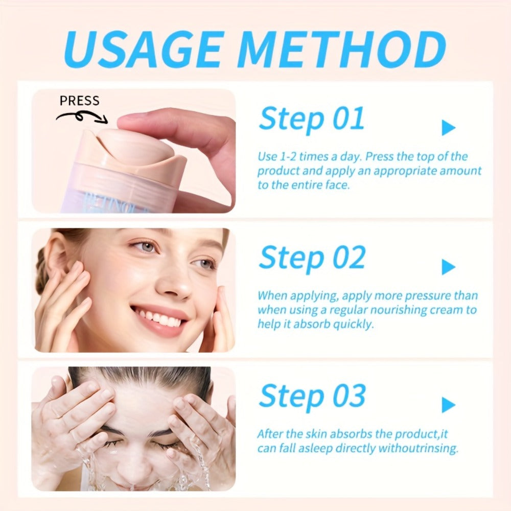 This Retinol Cream Features a Unique Texture That Offers Enduring Hydration And Moisture. Infused with Retinol And Vitamin C, It Enhances Skin Elasticity, Absorbs Swiftly Without Leaving a Greasy Or Heavy Feel, And Is Gentle And Non-Irritating