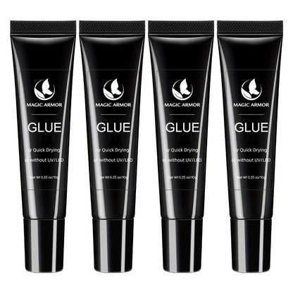 Nail Glue Extra Strong Fast Drying - 4 x 0.35 oz Professional Press On Nail Adhesive, 10-Second Bond, No UV Light Needed, Super Hold Long-Lasting Nail Tips Glue