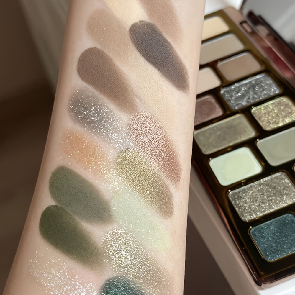 Eyeshadow Palette 16 Colors - Smoky Retro Matte Glitter Pearlescent Shades, Gray Green Earthy Tones with Highlight Blush, Compact Travel