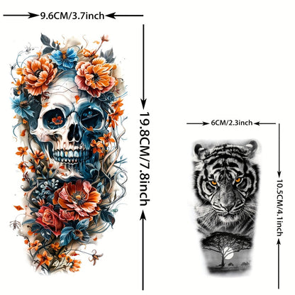 Temporary Tattoos for Adults 71 Sheets - Old School Halloween Tiger Wolf Lion Dragon Skull Floral Gothic Punk Chicano Body Art Fake Tattoos Long Lasting Waterproof for Parties Festivals Costumes