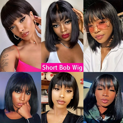 Human Hair Wig Short Bob Straight with Bangs Brazilian 200% Density Glueless Full Machine Made for Women Black 8 10 12 16 Inch Natural Hairline