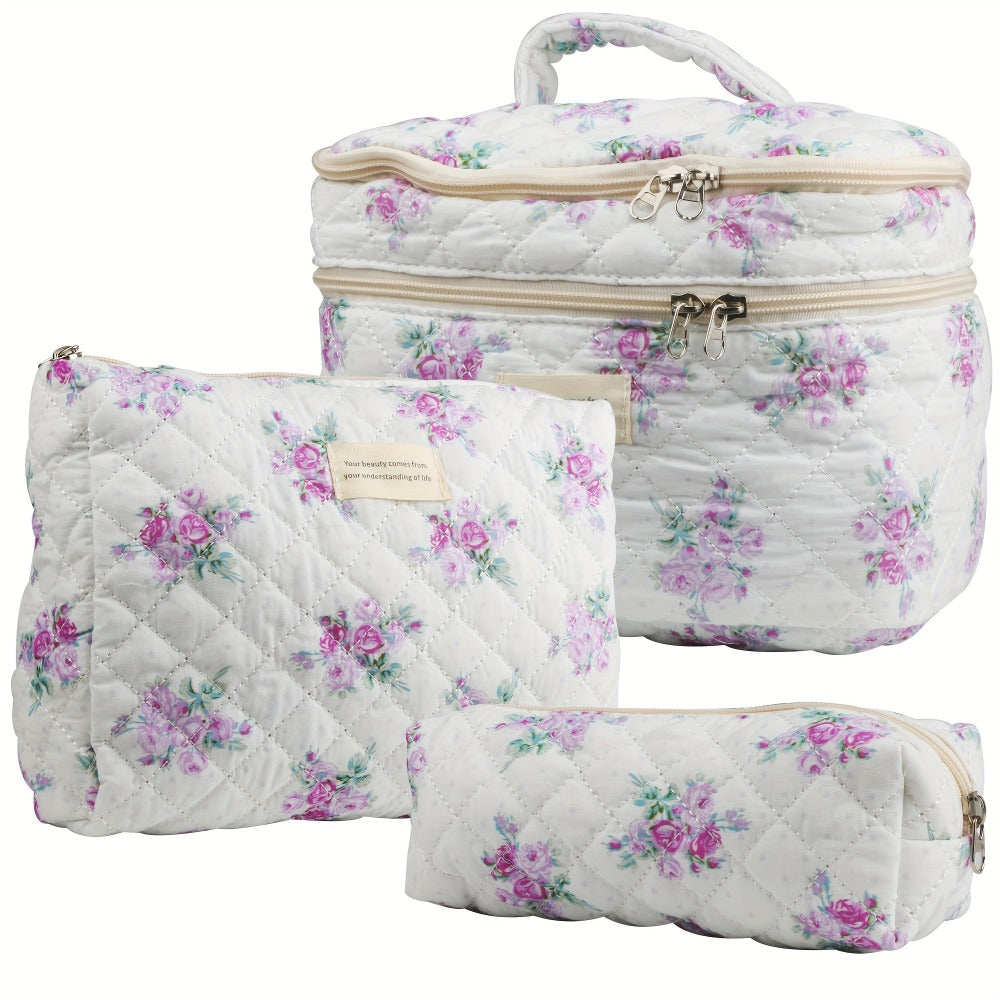 Large Capacity Dual Layer Cotton Makeup Cosmetic Bag (3PCS), Cute Quilted Travel Coquette Aesthetic Floral Make up Bag for Women Toiletry Bag