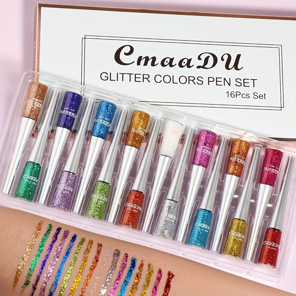 Glitter Liquid Eyeliner Set 16 Colors Sparkling Eye Liner Kit Waterproof Long Lasting Party Stage Festival Makeup Beauty Tool