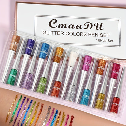 Glitter Liquid Eyeliner Set 16 Colors Sparkling Eye Liner Kit Waterproof Long Lasting Party Stage Festival Makeup Beauty Tool